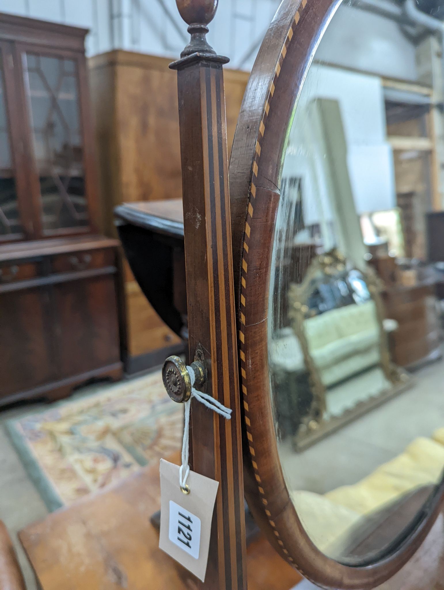 An Edwardian style inlaid mahogany toilet mirror / bureau, width 42cm, depth 25cm, height 76cm